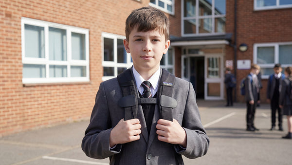 Young boy wearing a KLiPP in a school uniform standing outside a school building with other students in the background.